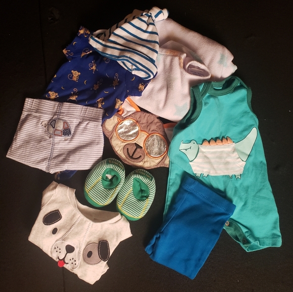 Lot of Newborn to 3Mo Onesies, Pants, & Accessories + 1 6Mo to 1 Yr Sleep Sack - Picture 1 of 9